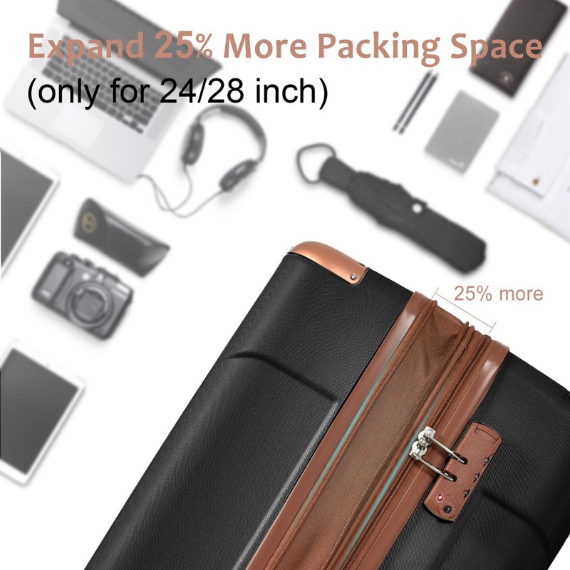 3pc Expandable ABS Hard Shell Spinner Luggage Set w/ TSA Locks, Black Brown gallery