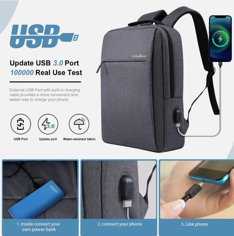 VICTORIA TOURIST * Laptop Backpack * Gray * 17 x 11 in * USB Port * NWOT