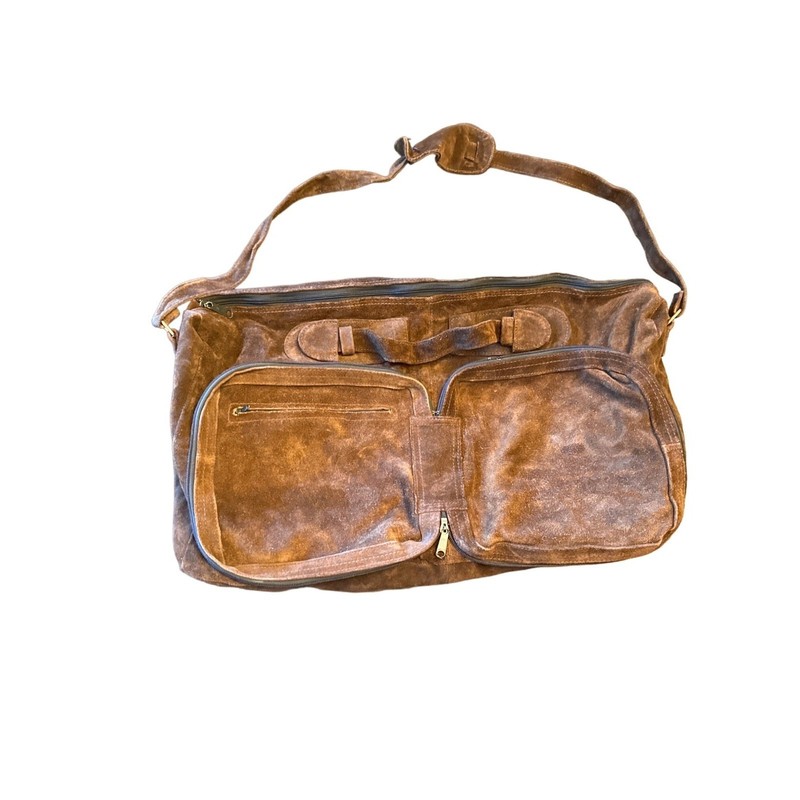 Unbranded Duffel Bag Brown Suede Leather Vintage Weekender Travel Shoulder Bag