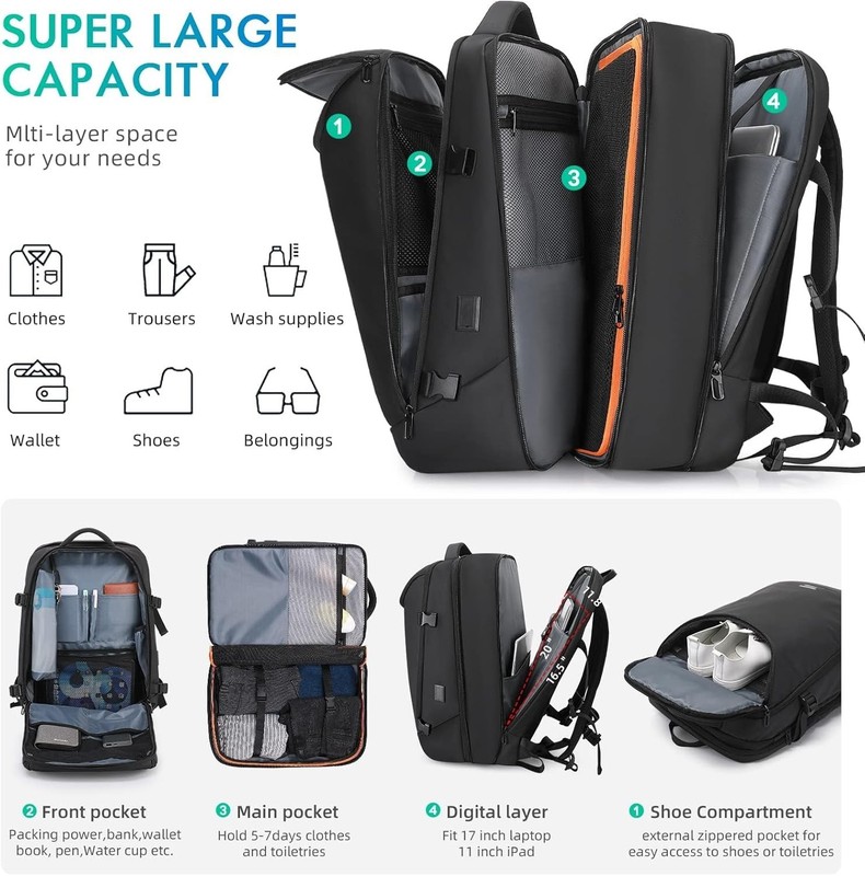 Water-Resistant 50L Expandable Backpack with Anti-Theft Pocket and USB Port gallery