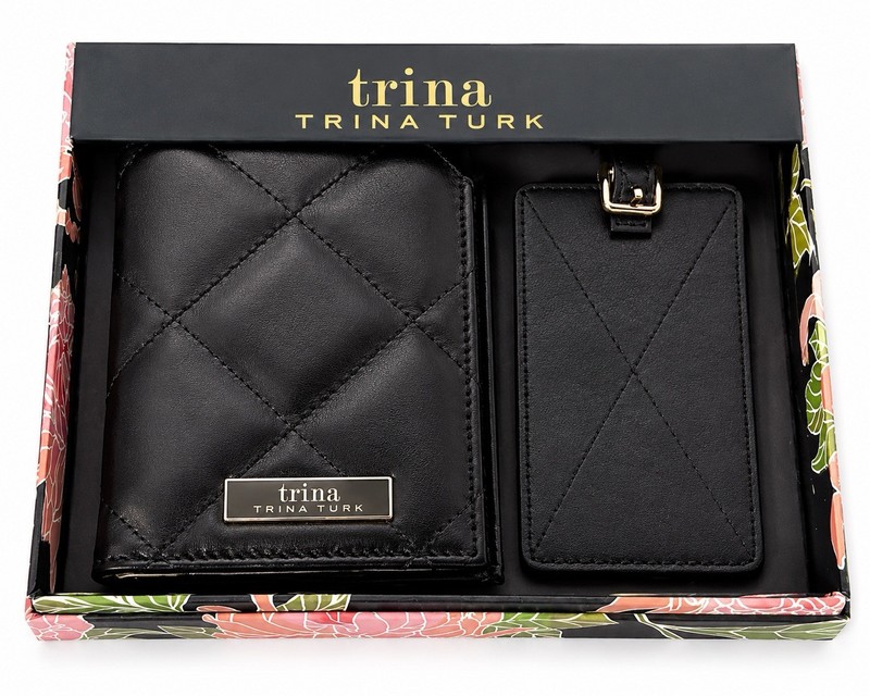 Trina Trina Turk Black Quilted Passport Holder & Luggage Tag Gift Set