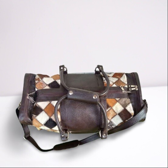 Western Style Cowhide Duffle Patchwork Design Leather Travel Luggage Bag gallery