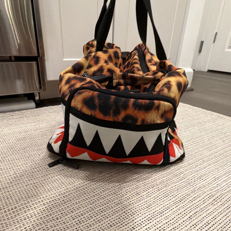 DAMAGED- Sprayground Leopard Print Shark Mouth Duffle Bag 17” length gallery