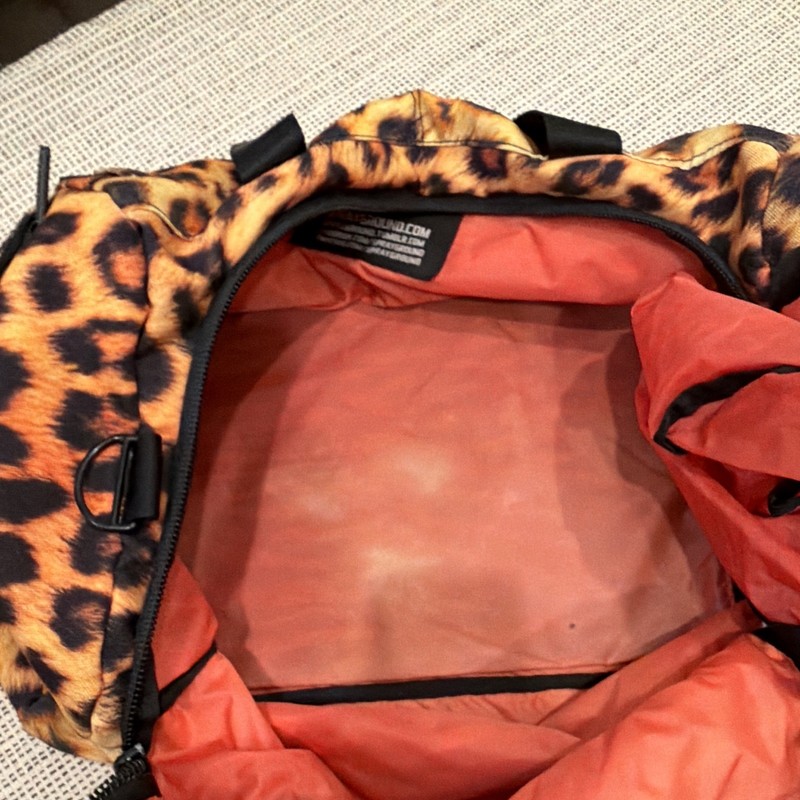DAMAGED- Sprayground Leopard Print Shark Mouth Duffle Bag 17” length gallery