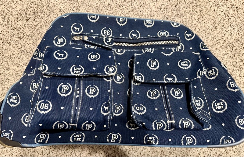 Victoria's Secret PINK Navy Blue Wheeled Canvas Suitcase with Logo Print gallery