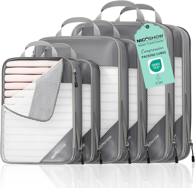 Lightweight grey- 6 Set Compression Packing Cubes for Travel essentials for wome