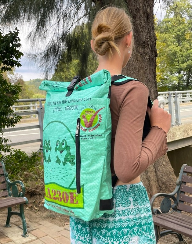 Fair Trade Green Frog Duffle Backpack handmade in Cambodia