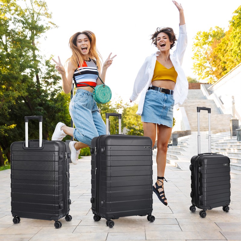 3pcs Carry-On Set Hardside Expandable Spinner Travel Luggage Suitcase Set Black