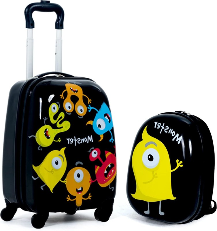 Set of 2 Kids Luggage Set 12″ Backpack & 16″ Rolling Suitcase Travel ABS Monster