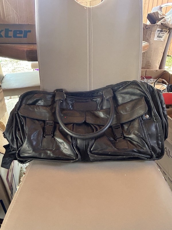 Black Leather Duffle Bag Solid Pattern Soft Case Carry On Travel Luggage Unisex