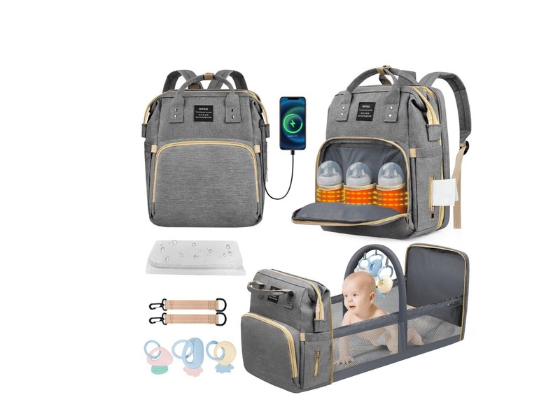 Diaper Bag Backpack with Foldable Crib, USB Charging Port, Insulated Pockets gallery