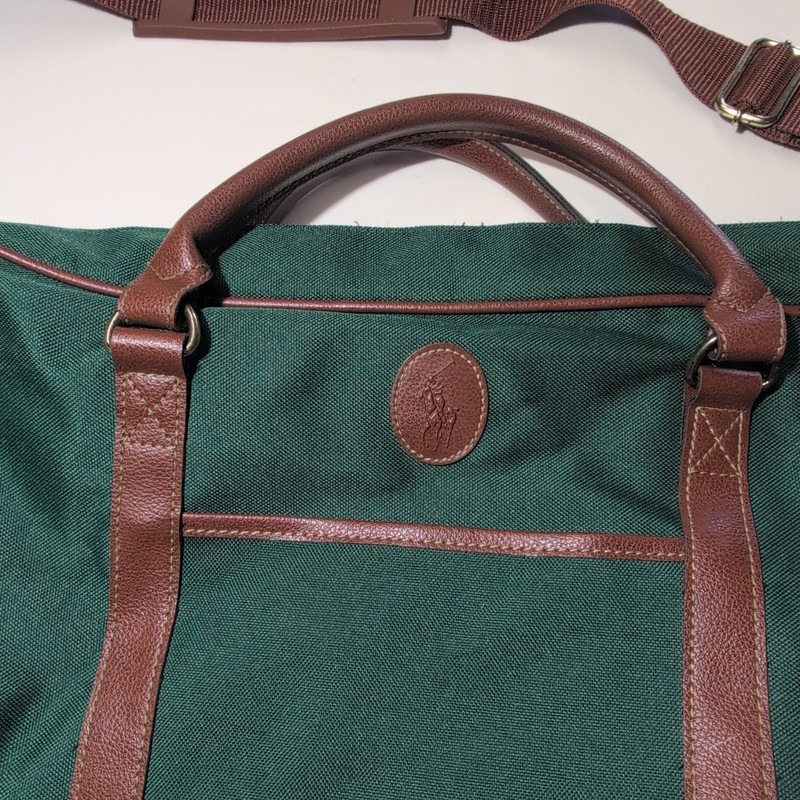 Vintage Ralph Lauren Green Canvas Duffle Bag Brown Trim Adjustable Strap gallery