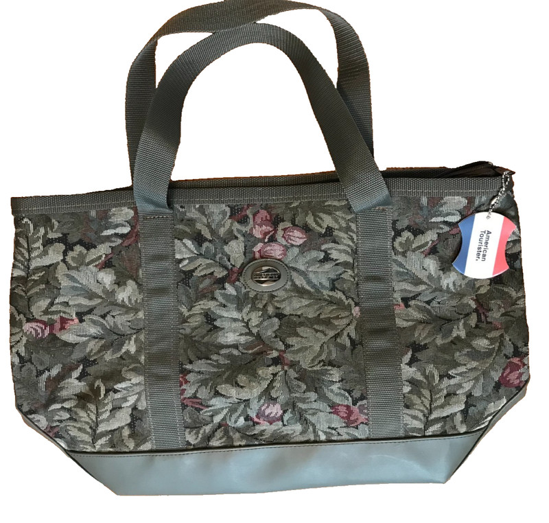 American Tourister Floral Tapestry Tote Bag Green Zip Close XL 22″