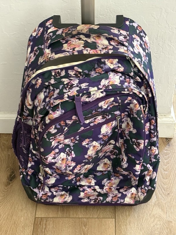 JanSport Driver 8 Rolling Backpack Purple Flowers Wheeled School Travel Bag