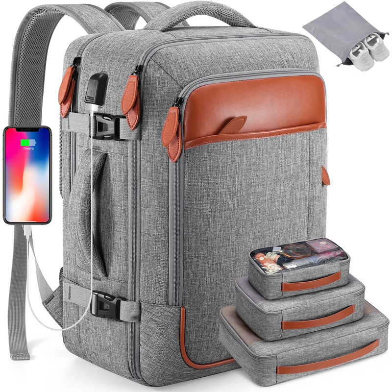 Gray Travel Backpack w/ Packing Cubes & Shoe Pocket, 40L Waterproof, Anti-Theft