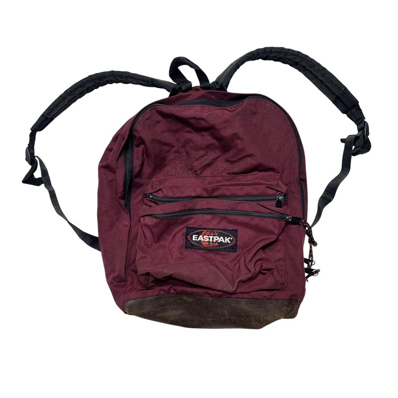 Vintage Eastpak USA Made Canvas Backpack Leather Bottom Adjustable Strap Maroon
