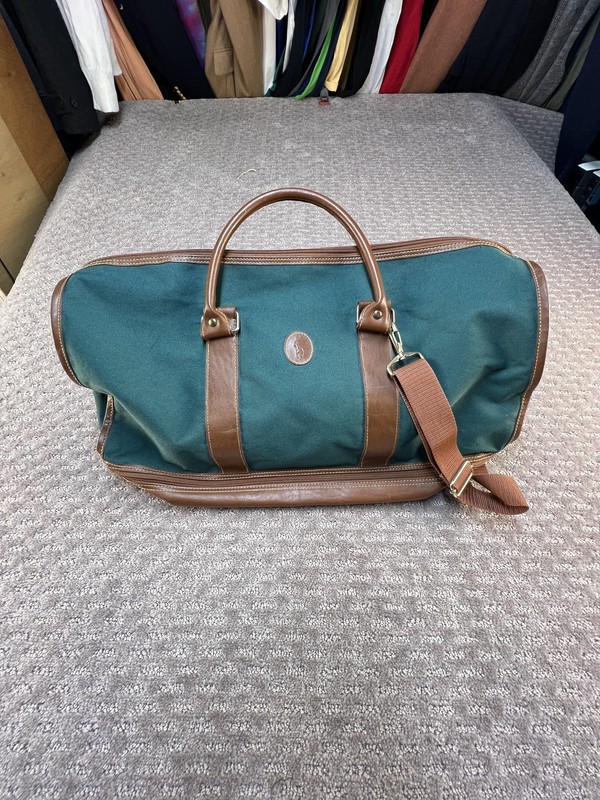 Polo Ralph Lauren Canvas Duffel Bag Green Brown Leather Trim Weekender Carry On