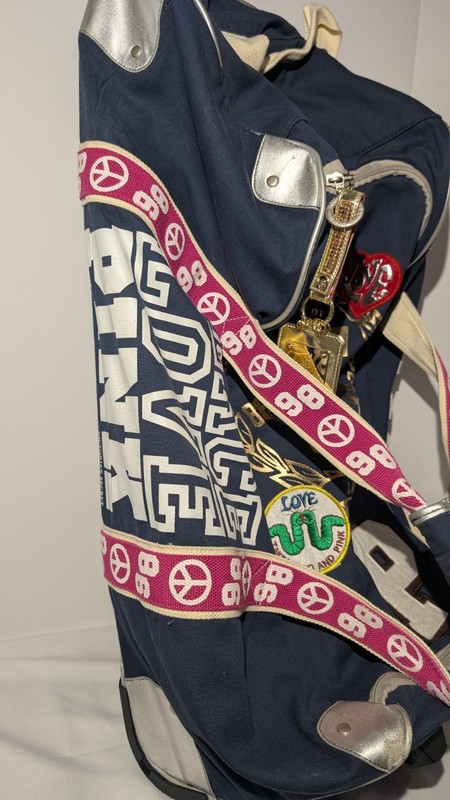 💖 Rare Vintage Victoria’s Secret PINK Rolling Duffle – Navy Varsity Patch Bag💖 gallery