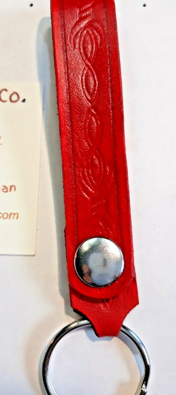 All Leather – Snap On ~ Snap Off Key Ring ~ RED – Barbed wired pattern. **