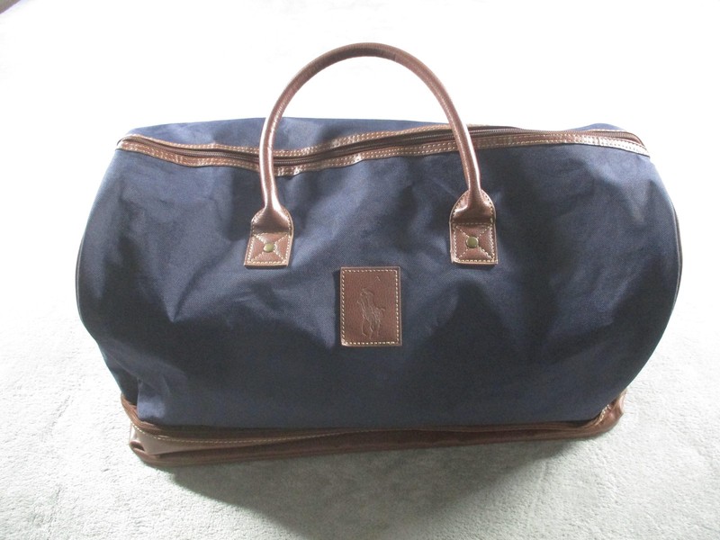 Ralph Lauren Duffel Bag Blue 22″ Travel Weekender Brown Men Soft Case Luggage