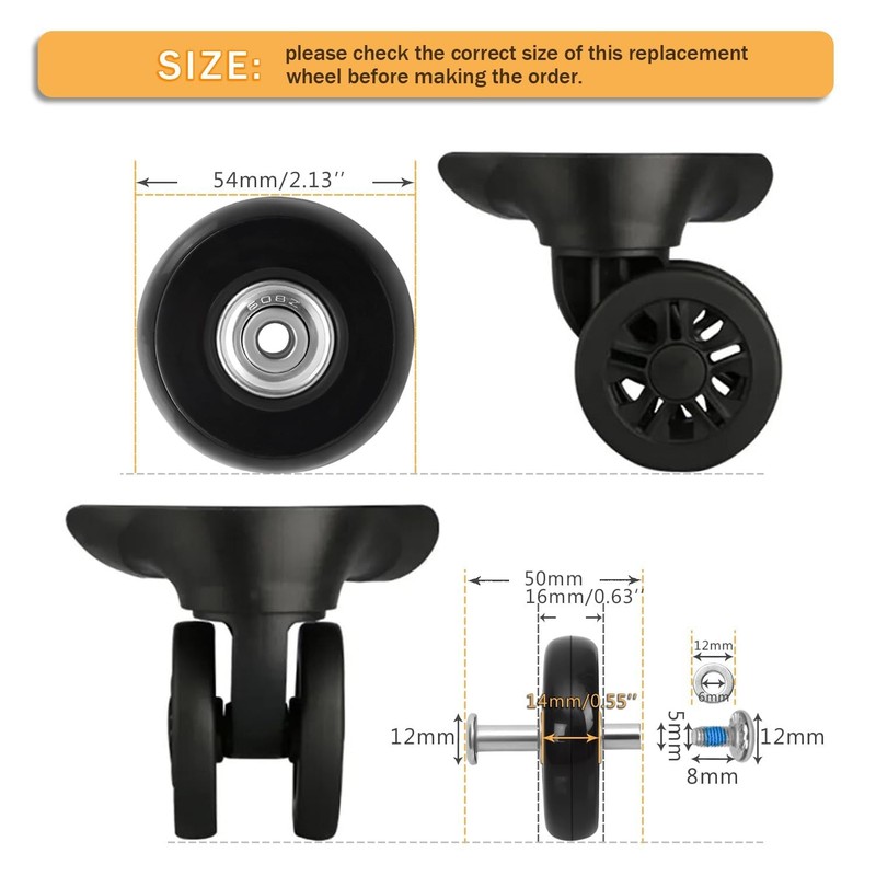 Luggage Replacement Wheels Set 8Pcs 2.13"x0.55" (54mm x 14mm) Rubber Black gallery