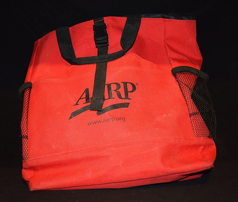 AARP Red Canvas Backpack Drawstring Bag Mesh Side Pockets 15″ tall x 17″ wide