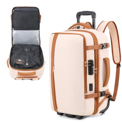 Rolling Vacuum Backpack Travel with One-Button Compression, Expandable White