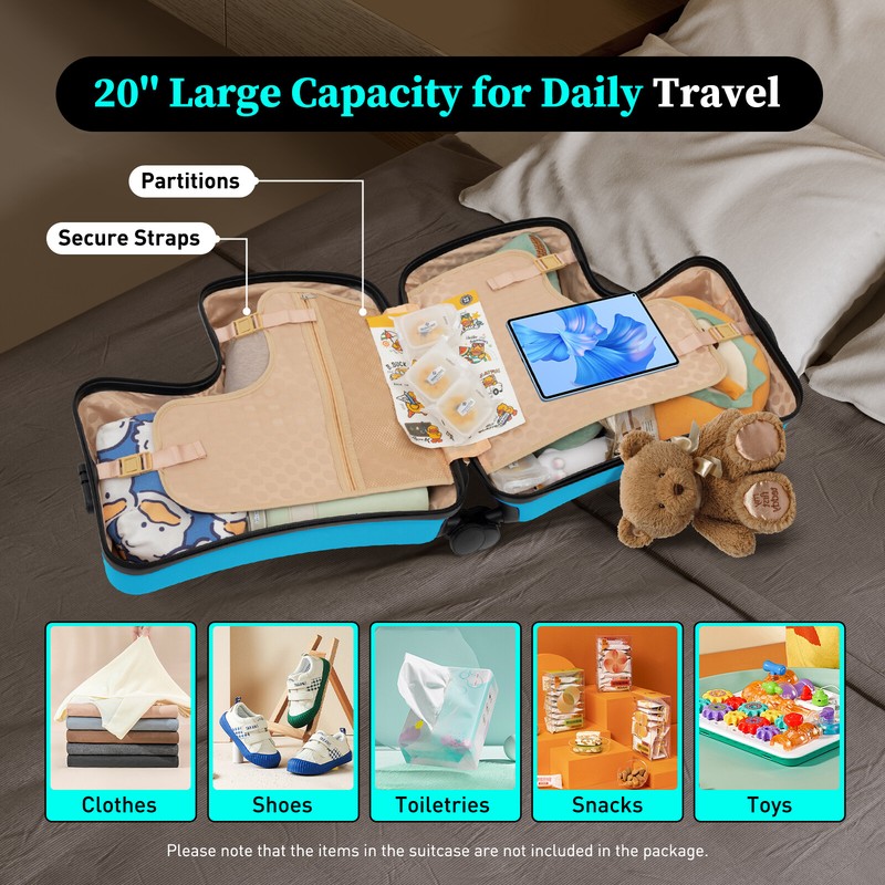 20 '' Ride-on Suitcase Multi-functional Cute Draw-bar Box for Kids Travel Blue gallery