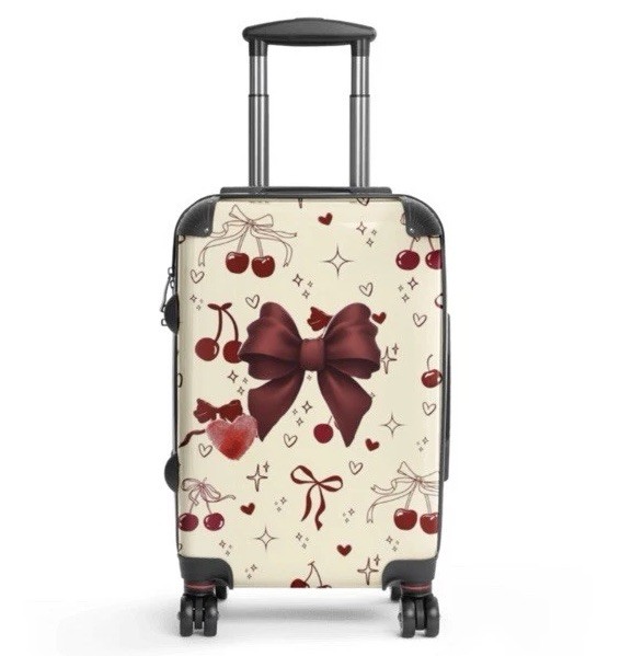 Small Beige Cherry Pattern Suitcase Spinner Wheels Telescopic Handle Red Black