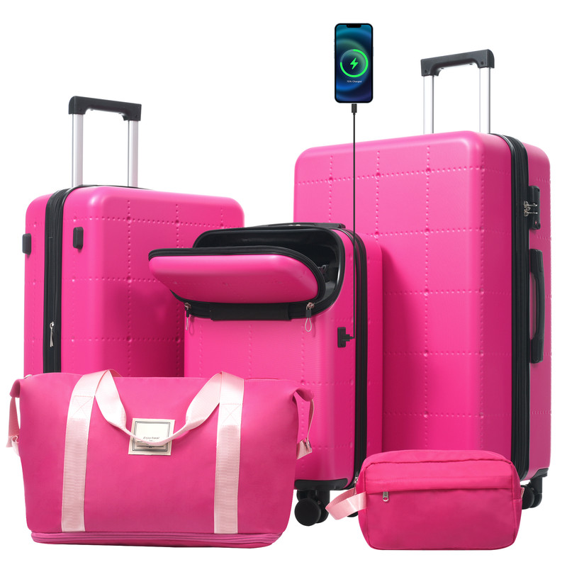 5P ABS 20″ 24″ 28″ Expandable Hardshell Luggage Set USB Port Duffel Toiletry Bag