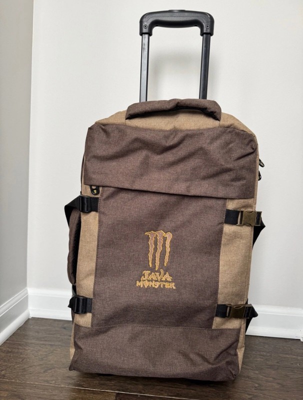 “NEW RARE” Monster Energy Drink Java Brown Rolling Canvas Luggage Suitcase